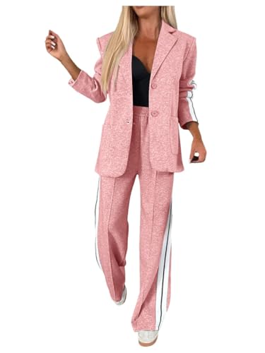 ORANDESIGNE Anzug Damen Elegant 2 Teilig Hosenanzug Business Zweiteiler Festlich Hochzeit Anzug Set Langarm Umlegekragen Blazer mit Knopf und Gerade Geschnittene Anzughose A Rosa S von ORANDESIGNE