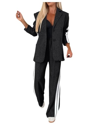 ORANDESIGNE Anzug Damen Elegant 2 Teilig Hosenanzug Business Zweiteiler Festlich Hochzeit Anzug Set Langarm Umlegekragen Blazer mit Knopf und Gerade Geschnittene Anzughose A Schwarz XXL von ORANDESIGNE
