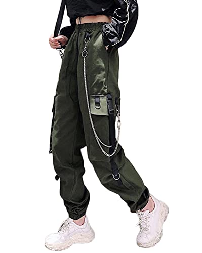 ORANDESIGNE Armeegrün Freizeithosen Damen Cargo Hose Elastic Waist Buckle Ribbon Pocket Jogger High Streetwear Harajuku Hose Punk Ringkette Damenhose D Armeegrün XL von ORANDESIGNE