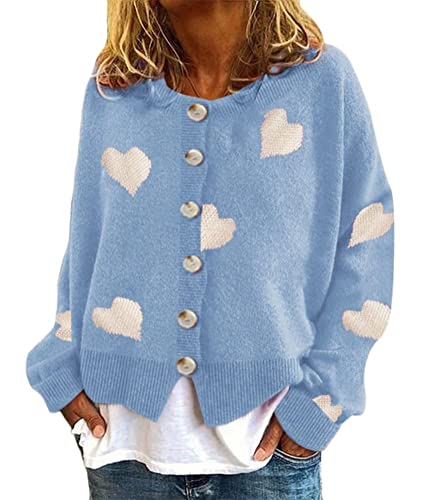 ORANDESIGNE B Blau Damen Strickjacke Gänseblümchen Druck Strickmantel V Ausschnitt Strickcardigan Langarm Lose mit Knopf Liebe Drucken Sterndruck Strick Cardigan S von ORANDESIGNE
