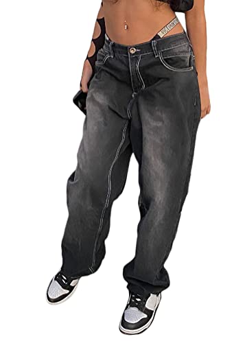 ORANDESIGNE B Schwarz Damen Cargohose Baggy Hohe Taille Gerade Breites Bein Baggy Denim Hosen Y2k Aesthetic Vintage Lang Freizeithose 90er E-Girl Streetwear M von ORANDESIGNE