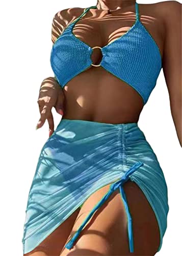 ORANDESIGNE Bademode Dreiteiliges Set Damen Geteilter Badeanzug Push Up Bikini Set Neckholder Bikini Oberteil + Bikini Tanga + Röcke Bikini 3 Teiliges Set Beachwear Badeanzug A Blau M von ORANDESIGNE