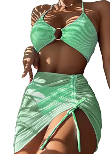 ORANDESIGNE Bademode Dreiteiliges Set Damen Geteilter Badeanzug Push Up Bikini Set Neckholder Bikini Oberteil + Bikini Tanga + Röcke Bikini 3 Teiliges Set Beachwear Badeanzug A Grün L von ORANDESIGNE