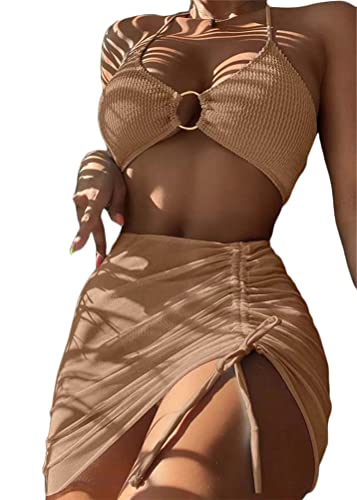 ORANDESIGNE Bademode Dreiteiliges Set Damen Geteilter Badeanzug Push Up Bikini Set Neckholder Bikini Oberteil + Bikini Tanga + Röcke Bikini 3 Teiliges Set Beachwear Badeanzug A Khaki XL von ORANDESIGNE