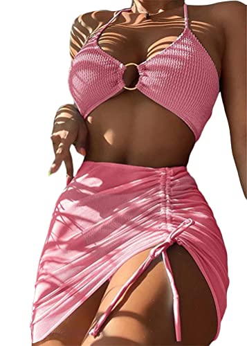 ORANDESIGNE Bademode Dreiteiliges Set Damen Geteilter Badeanzug Push Up Bikini Set Neckholder Bikini Oberteil + Bikini Tanga + Röcke Bikini 3 Teiliges Set Beachwear Badeanzug A Rosa M von ORANDESIGNE