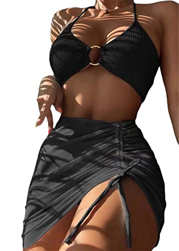 ORANDESIGNE Bademode Dreiteiliges Set Damen Geteilter Badeanzug Push Up Bikini Set Neckholder Bikini Oberteil + Bikini Tanga + Röcke Bikini 3 Teiliges Set Beachwear Badeanzug A Schwarz L von ORANDESIGNE