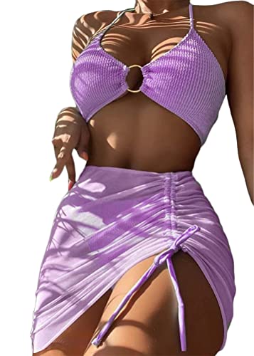 ORANDESIGNE Bademode Dreiteiliges Set Damen Geteilter Badeanzug Push Up Bikini Set Neckholder Bikini Oberteil + Bikini Tanga + Röcke Bikini 3 Teiliges Set Beachwear Badeanzug A Violett XL von ORANDESIGNE