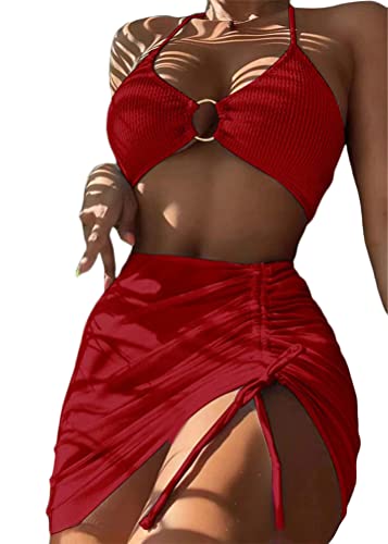 ORANDESIGNE Bademode Dreiteiliges Set Damen Geteilter Badeanzug Push Up Bikini Set Neckholder Bikini Oberteil + Bikini Tanga + Röcke Bikini 3 Teiliges Set Beachwear Badeanzug A Weinrot M von ORANDESIGNE