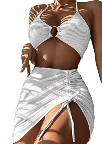 ORANDESIGNE Bademode Dreiteiliges Set Damen Geteilter Badeanzug Push Up Bikini Set Neckholder Bikini Oberteil + Bikini Tanga + Röcke Bikini 3 Teiliges Set Beachwear Badeanzug A Weiß XS von ORANDESIGNE