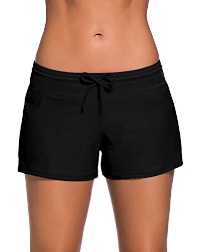 ORANDESIGNE Badeshorts Damen Schnelltrocknendes Schwimmshorts Wassersport Boardshorts Schwimmhose Strand Sport Swim Shorts Bikinishorts mit niedriger Taille und Kordelzug A Schwarz XS von ORANDESIGNE