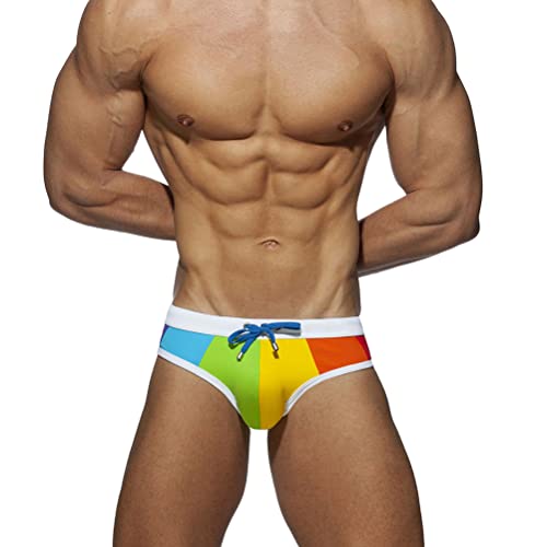 ORANDESIGNE Badeslip Herren Sexy Eng Hosen Badeshorts Kurz Druck Schwimmslip Stretch Slips Sexy Schnelltrocknend Schwimmshorts mit Pad Badepants Sommer Shorts Kurze Badehose L Regenbogen XL von ORANDESIGNE