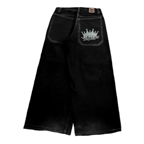 ORANDESIGNE Baggy Hose Herren Y2K Baggy Jeans Hip Hop Hosen Lässige Mode Wide Leg Denim-Hosen Stickerei Gewaschen Lose Weites Bein Hose J Schwarz S von ORANDESIGNE
