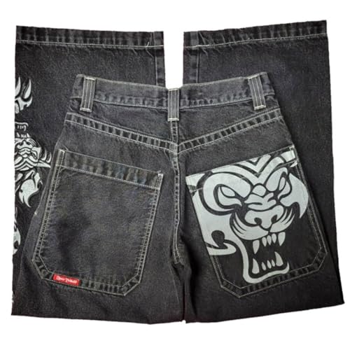 ORANDESIGNE Baggy Hose Herren Y2K Baggy Jeans Hip Hop Hosen Lässige Mode Wide Leg Denim-Hosen Stickerei Gewaschen Lose Weites Bein Hose P Schwarz XS von ORANDESIGNE