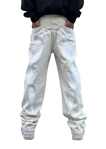 ORANDESIGNE Baggy Jeans Bedruckt Herren Baggy Men Hip Hop Jeans Straight Leg Y2K Jeans Gewaschen Jeanshose Vintage Denim Hosen Teenager Jungen Skateboard Hose Streetwear C Weiß S von ORANDESIGNE