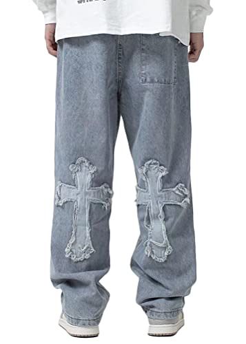 ORANDESIGNE Baggy Jeans Bedruckt Herren Baggy Men Hip Hop Jeans Straight Leg Y2K Jeans Gewaschen Jeanshose Vintage Denim Hosen Teenager Jungen Skateboard Hose Streetwear ZD Blau XL von ORANDESIGNE