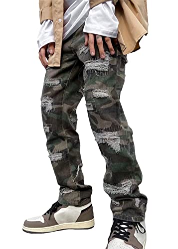 ORANDESIGNE Baggy Jeans Bedruckt Herren Baggy Men Hip Hop Straight Leg Y2K Jeans Gewaschen Jeanshose Vintage Denim Hosen Teenager Jungen Skateboard Hose Streetwear Q Tarnung S von ORANDESIGNE