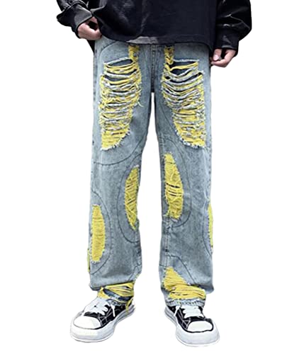 ORANDESIGNE Baggy Jeans Bedruckt Herren Jeans Men Hip Hop Jeans Baggy Jeanshose Teenager Jungen Bein Jeans Skateboard Hose Streetwear E Gelb S von ORANDESIGNE