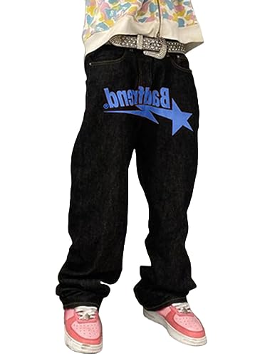 ORANDESIGNE Baggy Jeans Bedruckt Herren Jeans Men Hip Hop Jeans Baggy Jeanshose Teenager Jungen Bein Jeans Skateboard Hose Streetwear I Blau M von ORANDESIGNE