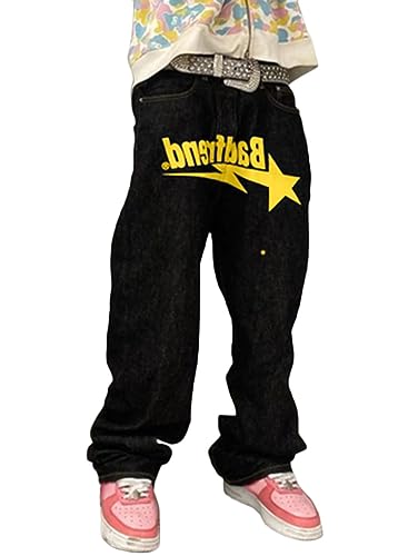 ORANDESIGNE Baggy Jeans Bedruckt Herren Jeans Men Hip Hop Jeans Baggy Jeanshose Teenager Jungen Bein Jeans Skateboard Hose Streetwear I Gelb XS von ORANDESIGNE