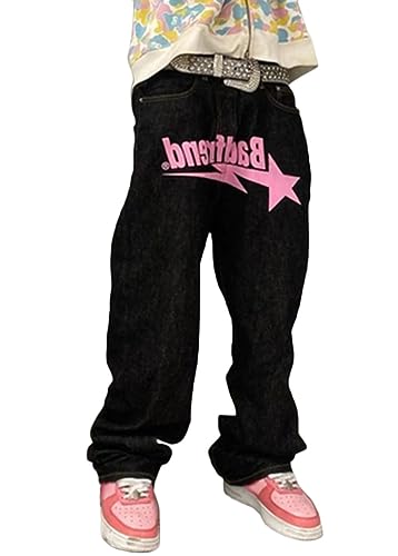 ORANDESIGNE Baggy Jeans Bedruckt Herren Jeans Men Hip Hop Jeans Baggy Jeanshose Teenager Jungen Bein Jeans Skateboard Hose Streetwear I Rosa L von ORANDESIGNE