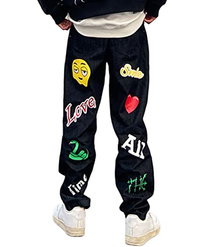 ORANDESIGNE Baggy Jeans Bedruckt Herren Jeans Men Hip Hop Jeans Baggy Jeanshose Teenager Jungen Bein Jeans Skateboard Hose Streetwear I Schwarz XL von ORANDESIGNE