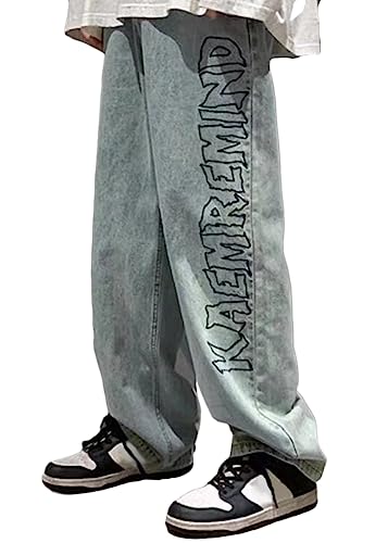 ORANDESIGNE Baggy Jeans Bedruckt Herren Jeans Men Hip Hop Jeans Baggy Jeanshose Teenager Jungen Bein Jeans Skateboard Hose Streetwear Z06 Blau L von ORANDESIGNE