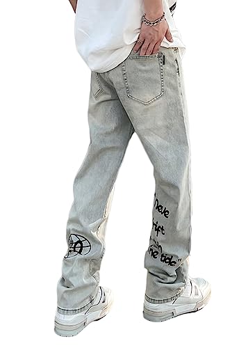 ORANDESIGNE Baggy Jeans Bedruckt Herren Jeans Men Hip Hop Jeans Baggy Jeanshose Teenager Jungen Bein Jeans Skateboard Hose Streetwear Z09 Blau XL von ORANDESIGNE