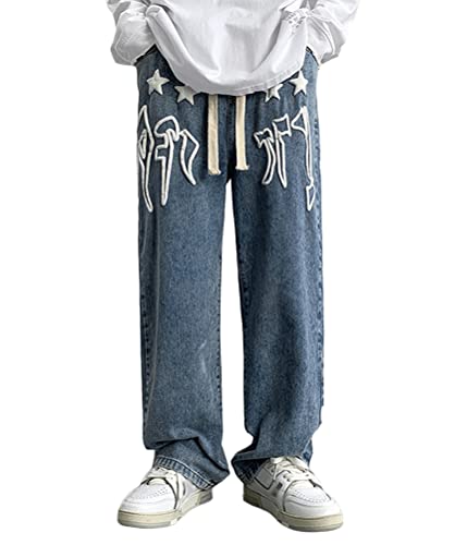 ORANDESIGNE Baggy Jeans Bedruckt Herren Jeans Men Hip Hop Jeans Baggy Jeanshose Teenager Jungen Bein Jeans Skateboard Hose Streetwear Z5 Blau M von ORANDESIGNE