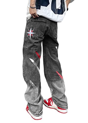 ORANDESIGNE Baggy Jeans Bedruckt Schwarze Jeans Herren Baggy Men Hip Hop Jeans Straight Leg Y2K Jeans Gewaschen Jeanshose Vintage Denim Hosen Teenager Jungen Skateboard Hose Streetwear P Schwarz M von ORANDESIGNE