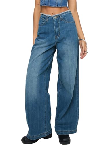 ORANDESIGNE Baggy Jeans Damen Boyfriend Jean mit Weitem Bein Y2K Jeans Low Waist Wide Leg Denim Hose Streetwear D Blau M von ORANDESIGNE