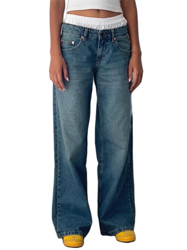 ORANDESIGNE Baggy Jeans Damen Boyfriend Mit Weitem Bein Y2K Low Waist Wide Leg Gerades Bein Denim Hose Streetwear A Blau L von ORANDESIGNE