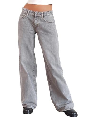 ORANDESIGNE Baggy Jeans Damen Boyfriend Jeans mit Weitem Bein Y2K Jeans Low Waist Jeans Wide Leg Jeans Gerades Bein Denim Hose Streetwear A Hellgrau L von ORANDESIGNE