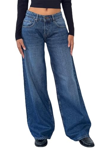 ORANDESIGNE Baggy Jeans Damen Boyfriend Mit Weitem Bein Y2K Low Waist Wide Leg Gerades Bein Denim Hose Streetwear A Königsblau L von ORANDESIGNE