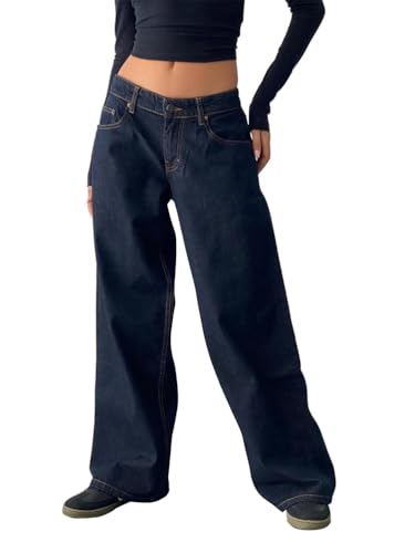 ORANDESIGNE Baggy Jeans Damen Boyfriend Jeans mit Weitem Bein Y2K Jeans Low Waist Jeans Wide Leg Jeans Gerades Bein Denim Hose Streetwear B Dunkelblau M von ORANDESIGNE