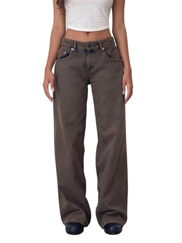 ORANDESIGNE Baggy Jeans Damen Boyfriend Mit Weitem Bein Y2K Low Waist Wide Leg Gerades Bein Denim Hose Streetwear B Dunkelbraun M von ORANDESIGNE