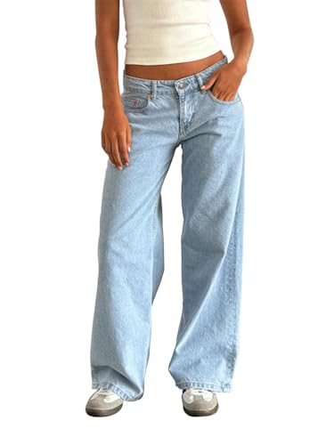 ORANDESIGNE Baggy Jeans Damen Boyfriend Mit Weitem Bein Y2K Low Waist Wide Leg Gerades Bein Denim Hose Streetwear B Hellblau M von ORANDESIGNE