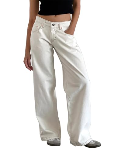 ORANDESIGNE Baggy Jeans Damen Boyfriend Mit Weitem Bein Y2K Low Waist Wide Leg Gerades Bein Denim Hose Streetwear B Weiß XL von ORANDESIGNE