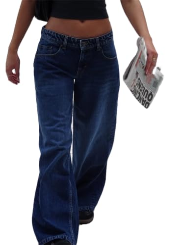 ORANDESIGNE Baggy Jeans Damen Boyfriend Mit Weitem Bein Y2K Low Waist Wide Leg Gerades Bein Denim Hose Streetwear A Dunkelblau S von ORANDESIGNE