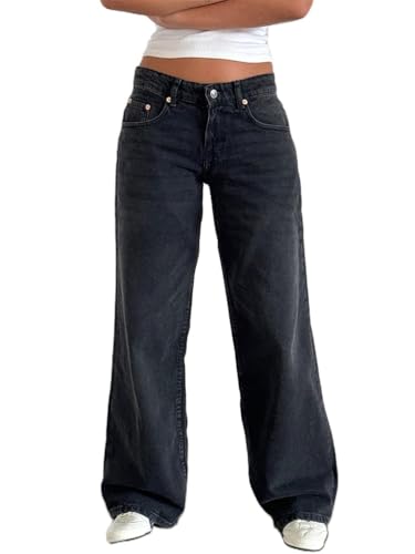 ORANDESIGNE Baggy Jeans Damen Boyfriend Mit Weitem Bein Y2K Low Waist Wide Leg Gerades Bein Denim Hose Streetwear A Dunkelgrau L von ORANDESIGNE
