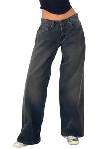 ORANDESIGNE Baggy Jeans Damen Boyfriend Mit Weitem Bein Y2K Low Waist Wide Leg Gerades Bein Denim Hose Streetwear A Grau M von ORANDESIGNE