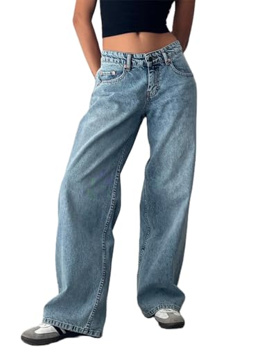 ORANDESIGNE Baggy Jeans Damen Boyfriend Mit Weitem Bein Y2K Low Waist Wide Leg Gerades Bein Denim Hose Streetwear A Hellblau XS von ORANDESIGNE