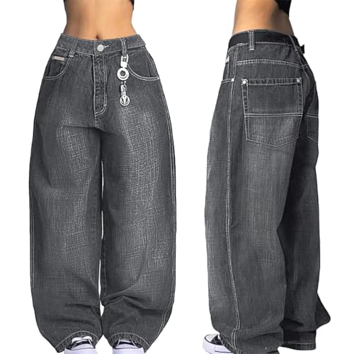 ORANDESIGNE Baggy Jeans Damen Denim-Hose Mittel-Niedrige Taille Weites Bein Y2K Jeans Hip Hop Streetwear A Grau L von ORANDESIGNE