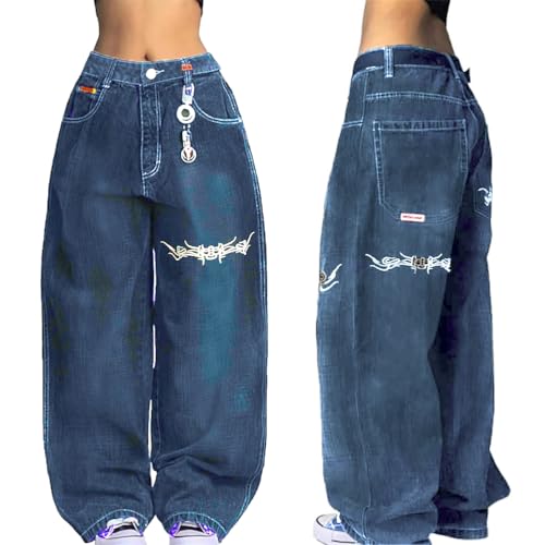 ORANDESIGNE Baggy Jeans Damen Denim-Hose Mittel-Niedrige Taille Weites Bein Y2K Jeans Hip Hop Streetwear C Blau XS von ORANDESIGNE