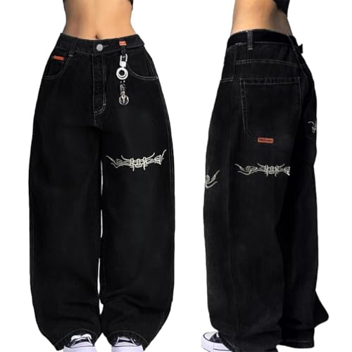 ORANDESIGNE Baggy Jeans Damen Denim-Hose Mittel-Niedrige Taille Weites Bein Y2K Jeans Hip Hop Streetwear C Schwarz M von ORANDESIGNE
