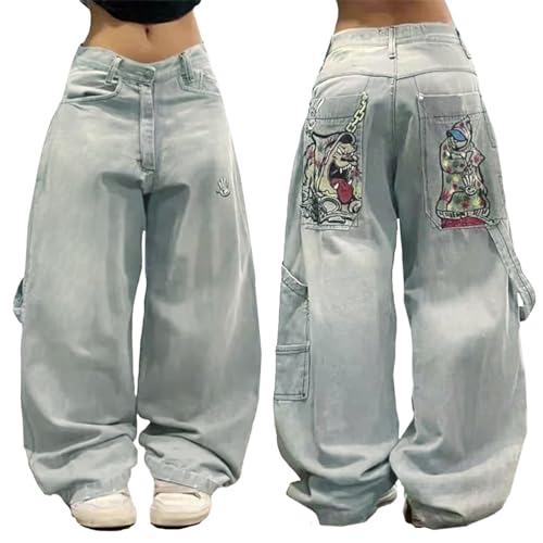 ORANDESIGNE Baggy Jeans Damen Denim-Hose Mittel-Niedrige Taille Weites Bein Y2K Jeans Hip Hop Streetwear D Hellblau XL von ORANDESIGNE