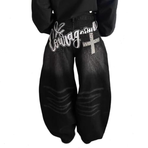 ORANDESIGNE Baggy Jeans Damen Denim-Hose Mittel-Niedrige Taille Weites Bein Y2K Jeans Hip Hop Streetwear F Schwarz M von ORANDESIGNE