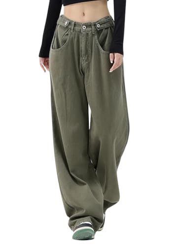 ORANDESIGNE Baggy Jeans Damen Jeans Hose mit Hoher Taille Y2K Style Harajuku E-Girl Streetwear Hose Casual Baggy Vintage Denim Hose Freizeit Loose Gerade Hosen C Grün M von ORANDESIGNE