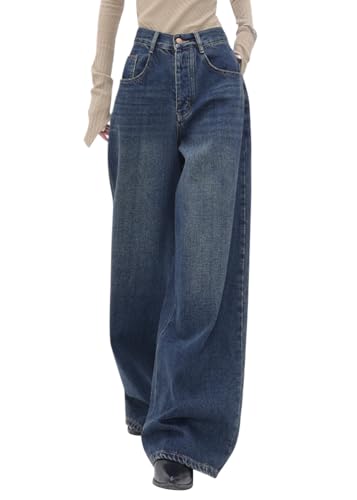 ORANDESIGNE Baggy Jeans Damen Jeans Hose mit Hoher Taille Y2K Style Harajuku E-Girl Streetwear Hose Casual Baggy Vintage Denim Hose Freizeit Loose Gerade Hosen I Blau S von ORANDESIGNE