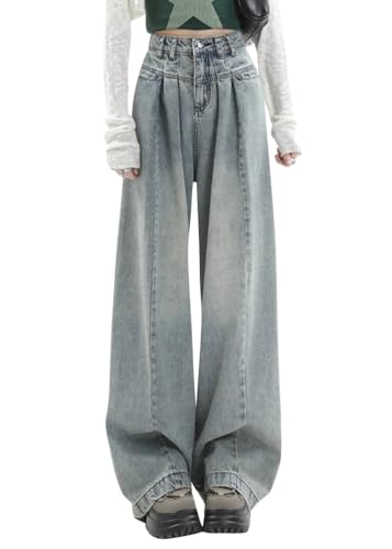 ORANDESIGNE Baggy Jeans Damen Jeans Hose mit Hoher Taille Y2K Style Harajuku E-Girl Streetwear Hose Casual Baggy Vintage Denim Hose Freizeit Loose Gerade Hosen L Hellblau XS von ORANDESIGNE