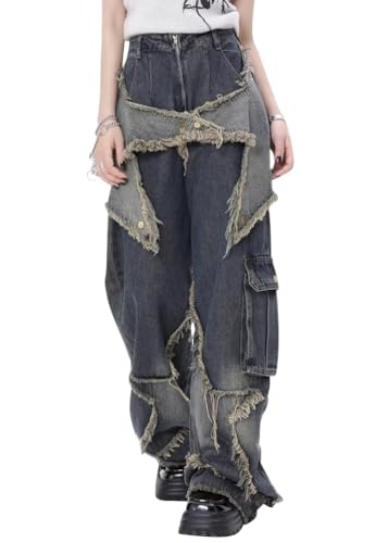 ORANDESIGNE Baggy Jeans Damen Jeans Hose mit Hoher Taille Y2K Style Harajuku E-Girl Streetwear Hose Casual Baggy Vintage Denim Hose Freizeit Loose Gerade Hosen XS G Blau von ORANDESIGNE